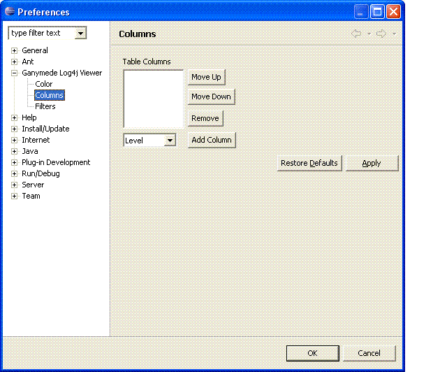 Image of basic column preferences empty